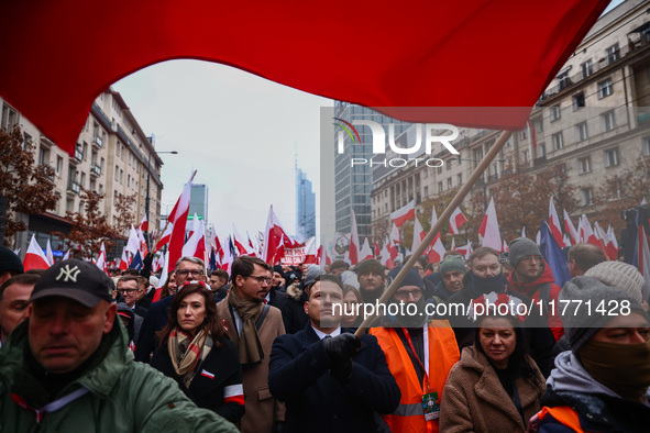 Slawomir Mentzen, one of the leaders of the far-right Confederation party, attends Independence March celebrating the 106 anniversary of Pol...