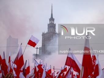 The Palace of Culture and Science is seen during Independence March celebrating the 106 anniversary of Poland regaining independence. Warsaw...