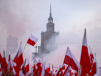 The Palace of Culture and Science is seen during Independence March celebrating the 106 anniversary of Poland regaining independence. Warsaw...