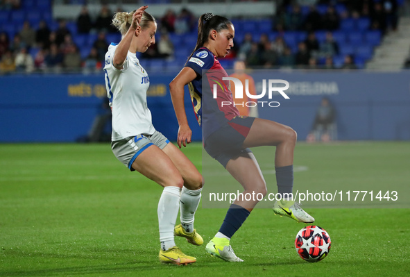 Sophie Hillebrand and Kika Nazareth play during the match between FC Barcelona Women and SKN St. Poelten Women, corresponding to week 3 of G...