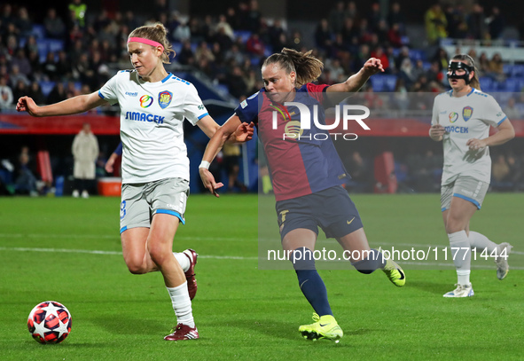 Kamila Dubcova and Ewa Pajor play during the match between FC Barcelona Women and SKN St. Poelten Women, corresponding to week 3 of Group D...