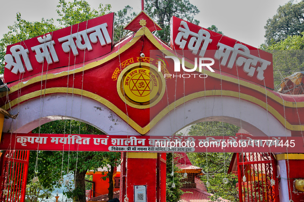 The entrance to the Maa Naina Devi Temple is in Nainital, Uttarakhand, India, on April 21, 2024. Naina Devi Temple is a famous Indian pilgri...