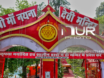 The entrance to the Maa Naina Devi Temple is in Nainital, Uttarakhand, India, on April 21, 2024. Naina Devi Temple is a famous Indian pilgri...