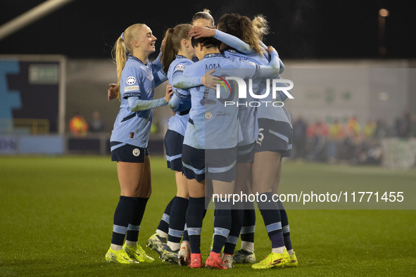 Aoba Fujino #20 of Manchester City W.F.C. celebrates her goal during the UEFA Champions League Group D match between Manchester City and Ham...