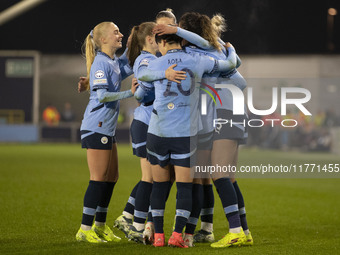 Aoba Fujino #20 of Manchester City W.F.C. celebrates her goal during the UEFA Champions League Group D match between Manchester City and Ham...