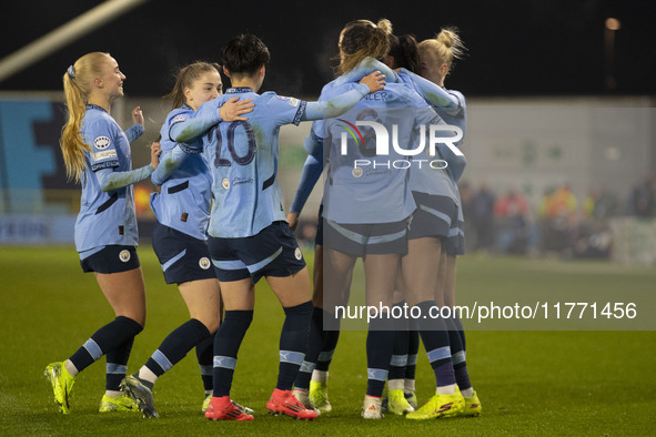 Aoba Fujino #20 of Manchester City W.F.C. celebrates her goal during the UEFA Champions League Group D match between Manchester City and Ham...