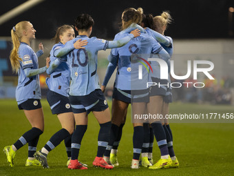 Aoba Fujino #20 of Manchester City W.F.C. celebrates her goal during the UEFA Champions League Group D match between Manchester City and Ham...