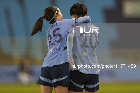 Aoba Fujino #20 of Manchester City W.F.C. celebrates her goal with Yui Hasegawa #25 of Manchester City W.F.C. during the UEFA Champions Leag...