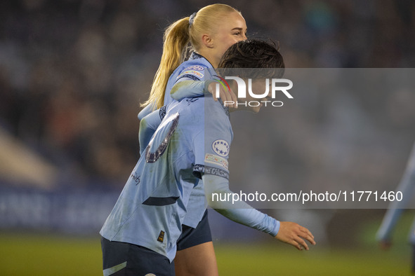 Aoba Fujino #20 of Manchester City W.F.C. celebrates her goal during the UEFA Champions League Group D match between Manchester City and Ham...