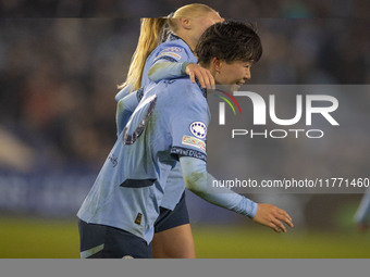 Aoba Fujino #20 of Manchester City W.F.C. celebrates her goal during the UEFA Champions League Group D match between Manchester City and Ham...