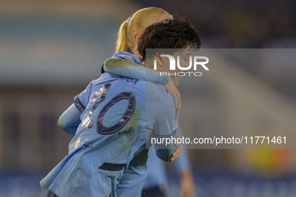 Aoba Fujino #20 of Manchester City W.F.C. celebrates her goal during the UEFA Champions League Group D match between Manchester City and Ham...