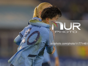 Aoba Fujino #20 of Manchester City W.F.C. celebrates her goal during the UEFA Champions League Group D match between Manchester City and Ham...