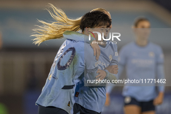 Aoba Fujino #20 of Manchester City W.F.C. celebrates her goal during the UEFA Champions League Group D match between Manchester City and Ham...