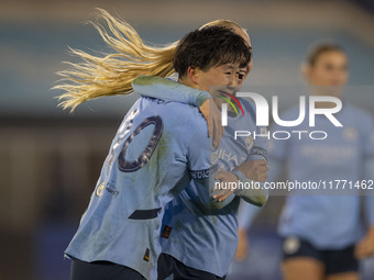 Aoba Fujino #20 of Manchester City W.F.C. celebrates her goal during the UEFA Champions League Group D match between Manchester City and Ham...