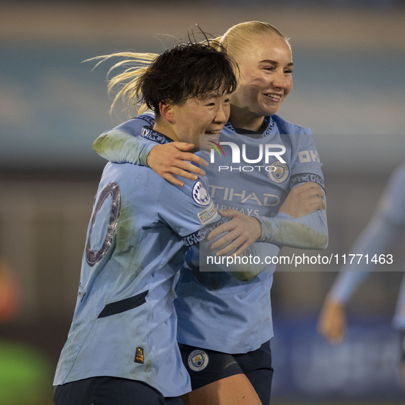 Aoba Fujino #20 of Manchester City W.F.C. celebrates her goal during the UEFA Champions League Group D match between Manchester City and Ham...