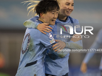 Aoba Fujino #20 of Manchester City W.F.C. celebrates her goal during the UEFA Champions League Group D match between Manchester City and Ham...