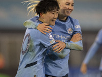 Aoba Fujino #20 of Manchester City W.F.C. celebrates her goal during the UEFA Champions League Group D match between Manchester City and Ham...