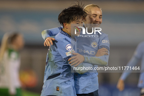 Aoba Fujino #20 of Manchester City W.F.C. celebrates her goal during the UEFA Champions League Group D match between Manchester City and Ham...