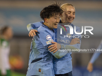 Aoba Fujino #20 of Manchester City W.F.C. celebrates her goal during the UEFA Champions League Group D match between Manchester City and Ham...