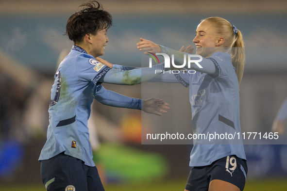 Aoba Fujino #20 of Manchester City W.F.C. celebrates her goal during the UEFA Champions League Group D match between Manchester City and Ham...