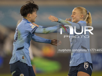 Aoba Fujino #20 of Manchester City W.F.C. celebrates her goal during the UEFA Champions League Group D match between Manchester City and Ham...