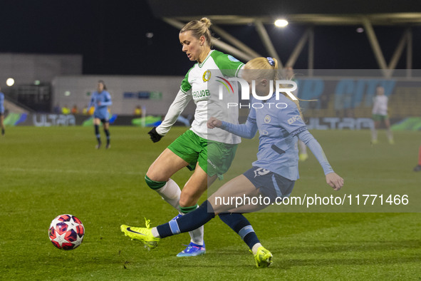 Laura Blindkilde Brown, number 19 of Manchester City W.F.C., is in action during the UEFA Champions League Group D match between Manchester...