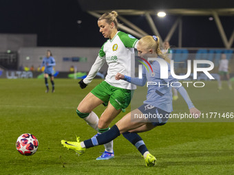 Laura Blindkilde Brown, number 19 of Manchester City W.F.C., is in action during the UEFA Champions League Group D match between Manchester...