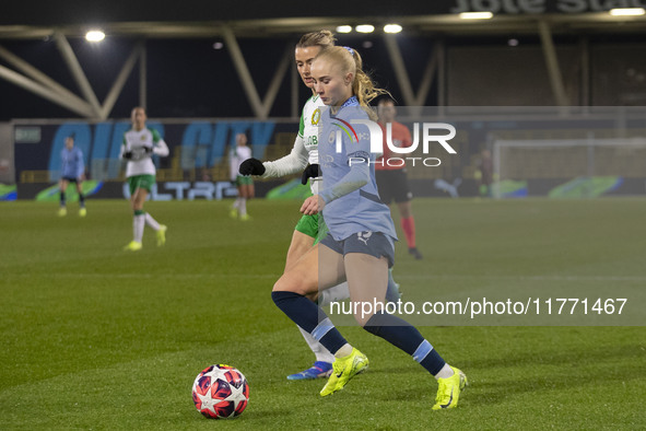 Laura Blindkilde Brown, number 19 of Manchester City W.F.C., is in action during the UEFA Champions League Group D match between Manchester...