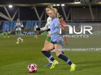 Laura Blindkilde Brown, number 19 of Manchester City W.F.C., is in action during the UEFA Champions League Group D match between Manchester...