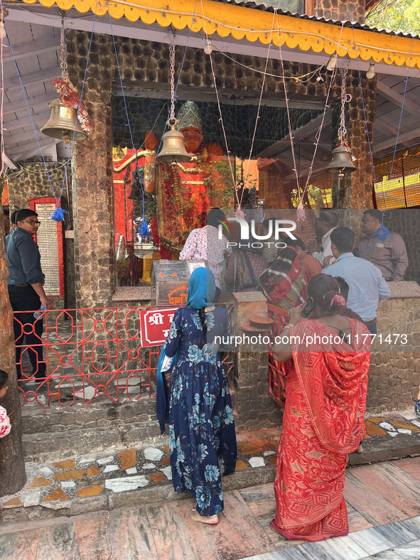 Hindu deities are at the Maa Naina Devi Temple in Nainital, Uttarakhand, India, on April 21, 2024. Naina Devi Temple is a famous Indian pilg...