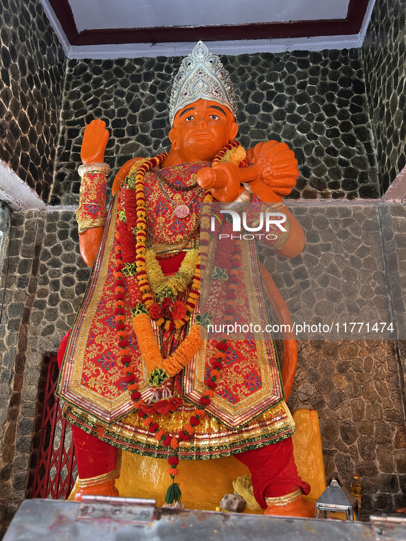 An idol of Hanuman is at the Maa Naina Devi Temple in Nainital, Uttarakhand, India, on April 21, 2024. Naina Devi Temple is a famous Indian...