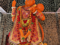 An idol of Hanuman is at the Maa Naina Devi Temple in Nainital, Uttarakhand, India, on April 21, 2024. Naina Devi Temple is a famous Indian...