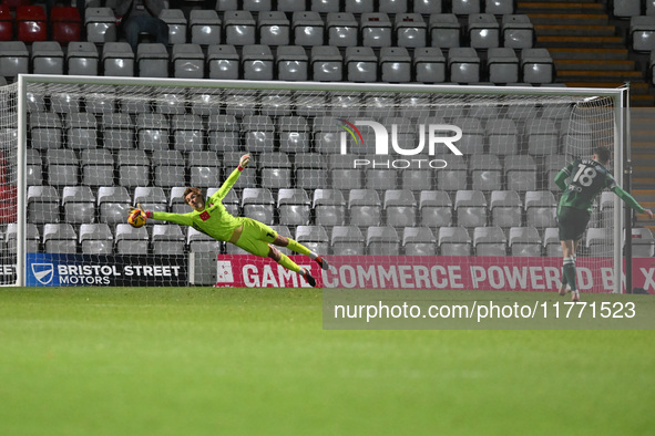 Marcus Wyllie (18 Gillingham) scores the final penalty in the penalty shootout during the EFL Trophy match between Stevenage and Gillingham...