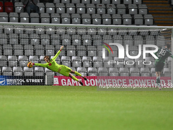 Marcus Wyllie (18 Gillingham) scores the final penalty in the penalty shootout during the EFL Trophy match between Stevenage and Gillingham...