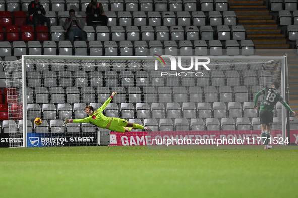 Marcus Wyllie (18 Gillingham) scores the final penalty in the penalty shootout during the EFL Trophy match between Stevenage and Gillingham...