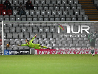 Marcus Wyllie (18 Gillingham) scores the final penalty in the penalty shootout during the EFL Trophy match between Stevenage and Gillingham...