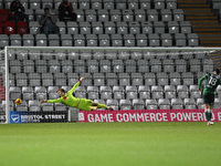 Marcus Wyllie (18 Gillingham) scores the final penalty in the penalty shootout during the EFL Trophy match between Stevenage and Gillingham...