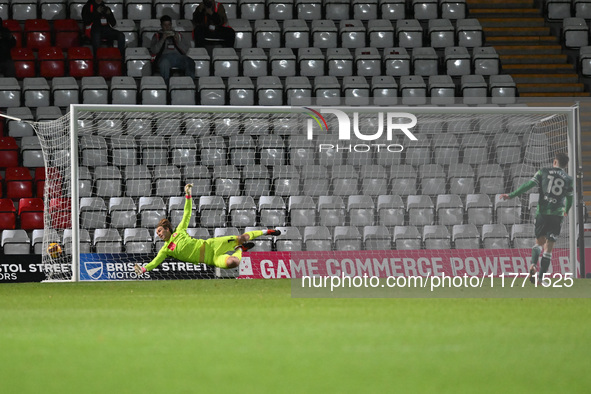 Marcus Wyllie (18 Gillingham) scores the final penalty in the penalty shootout during the EFL Trophy match between Stevenage and Gillingham...