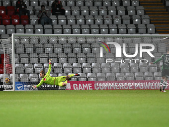 Marcus Wyllie (18 Gillingham) scores the final penalty in the penalty shootout during the EFL Trophy match between Stevenage and Gillingham...