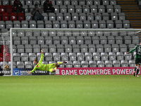 Marcus Wyllie (18 Gillingham) scores the final penalty in the penalty shootout during the EFL Trophy match between Stevenage and Gillingham...