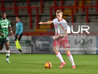 Eli King, 26, from Stevenage, controls the ball during the EFL Trophy match between Stevenage and Gillingham at the Lamex Stadium in Stevena...