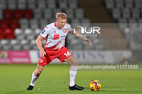 Lewis Freestone, number 16 for Stevenage, controls the ball during the EFL Trophy match between Stevenage and Gillingham at the Lamex Stadiu...