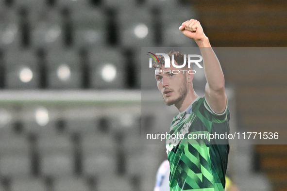 Josh Andrews (9 Gillingham) gestures to fans after scoring during the EFL Trophy match between Stevenage and Gillingham at the Lamex Stadium...