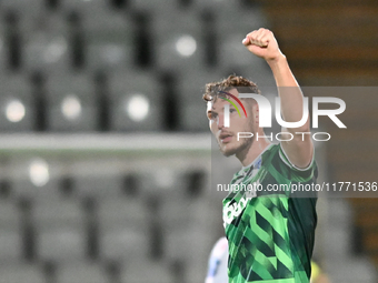 Josh Andrews (9 Gillingham) gestures to fans after scoring during the EFL Trophy match between Stevenage and Gillingham at the Lamex Stadium...