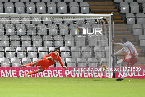 Tyreece Simpson (12 Stevenage) misses the first penalty during the EFL Trophy match between Stevenage and Gillingham at the Lamex Stadium in...