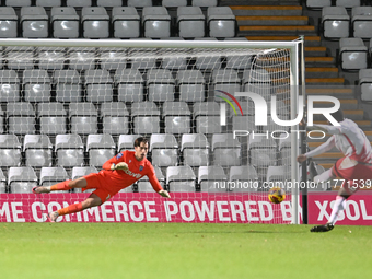 Tyreece Simpson (12 Stevenage) misses the first penalty during the EFL Trophy match between Stevenage and Gillingham at the Lamex Stadium in...