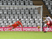 Tyreece Simpson (12 Stevenage) misses the first penalty during the EFL Trophy match between Stevenage and Gillingham at the Lamex Stadium in...