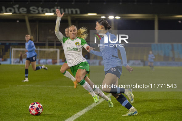 Lily Murphy #46 of Manchester City W.F.C. crosses the ball during the UEFA Champions League Group D match between Manchester City and Hammar...