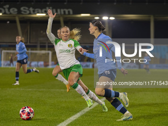 Lily Murphy #46 of Manchester City W.F.C. crosses the ball during the UEFA Champions League Group D match between Manchester City and Hammar...