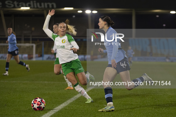 Lily Murphy #46 of Manchester City W.F.C. crosses the ball during the UEFA Champions League Group D match between Manchester City and Hammar...